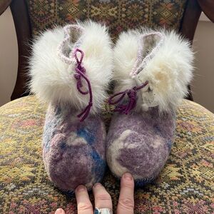 Fox Trim Artisan Made Hand Felted Leather Bottom Slippers